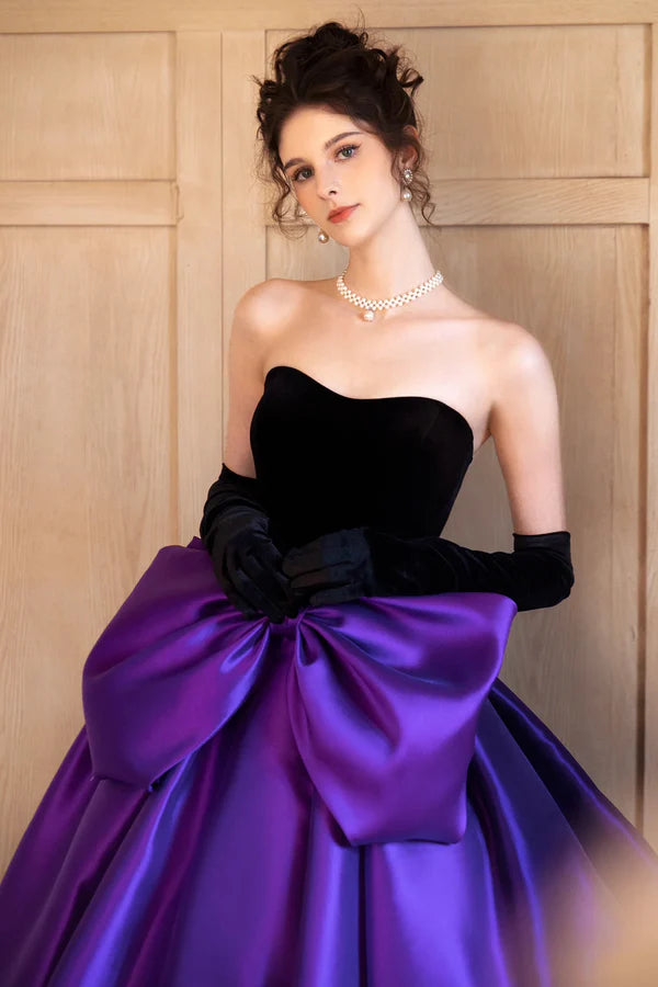 Black Velvet and Satin Long Formal Dress Beautiful Strapless Evening Party Dress with Bow