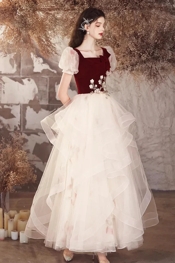 Champagne Tulle and Burgundy Velvet Long Prom Dress Lovely A-Line Evening Party Dress