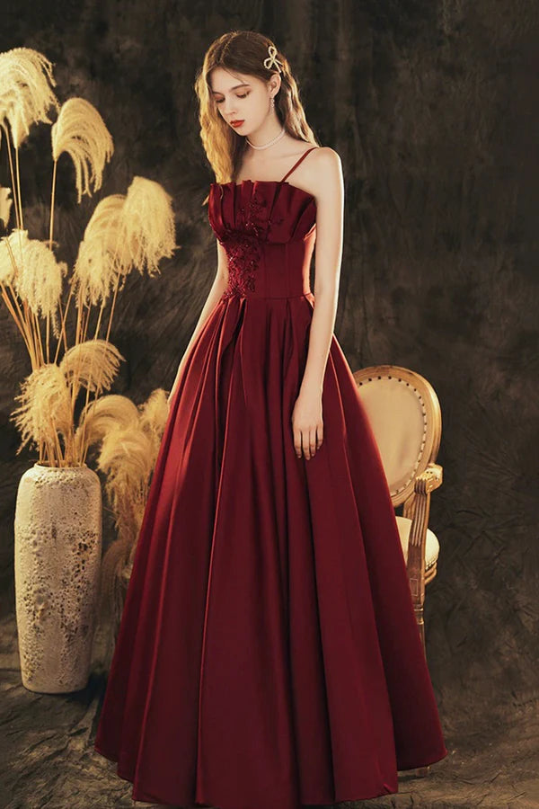 Burgundy Spaghetti Strap Satin Long Prom Dress Beautiful A-Line Evening Party Dress