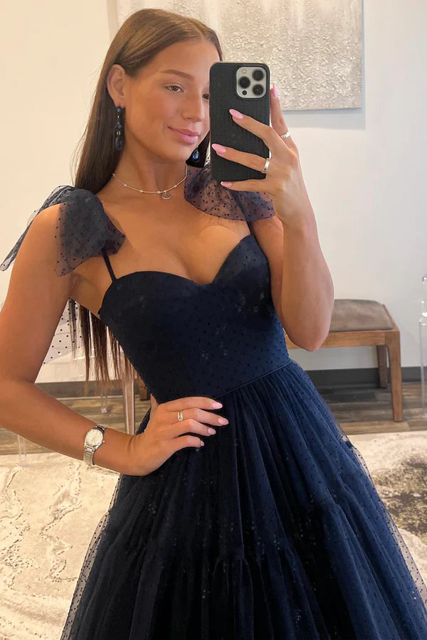 Navy Blue Tulle Long Prom Dress A-Line Sweetheart Neck Evening Party Dress