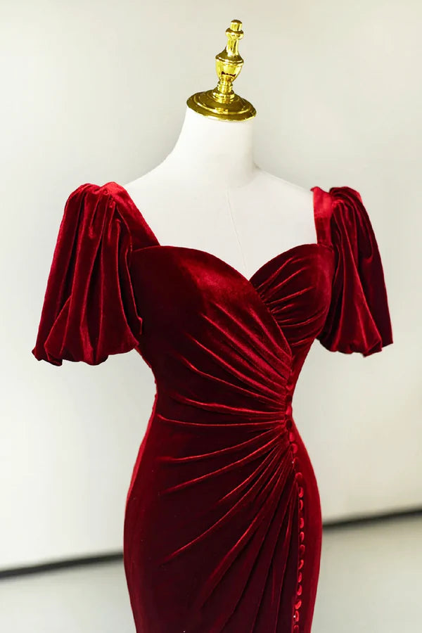 Burgundy Pleated Velvet Long Prom Dress with Slit Mermaid Backless Evening Party Dress