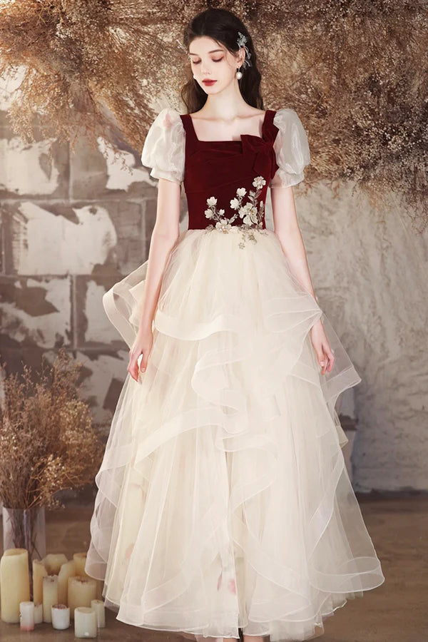 Champagne Tulle and Burgundy Velvet Long Prom Dress Lovely A-Line Evening Party Dress