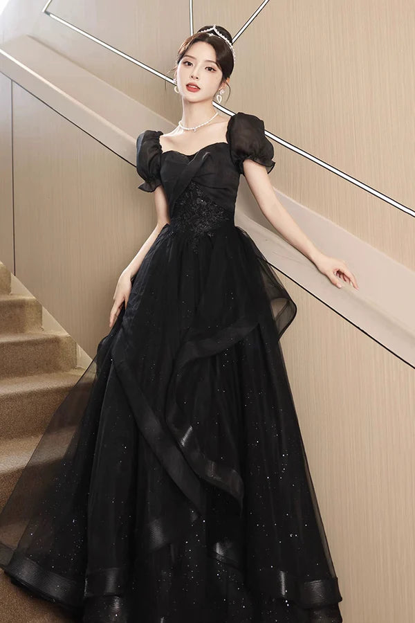 Black Tulle Lace Short Sleeve Floor Length Prom Dress Black A-Line Evening Party Dress