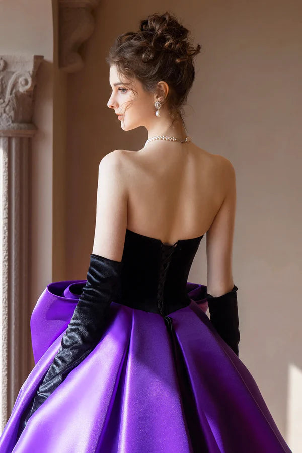 Black Velvet and Satin Long Formal Dress Beautiful Strapless Evening Party Dress with Bow