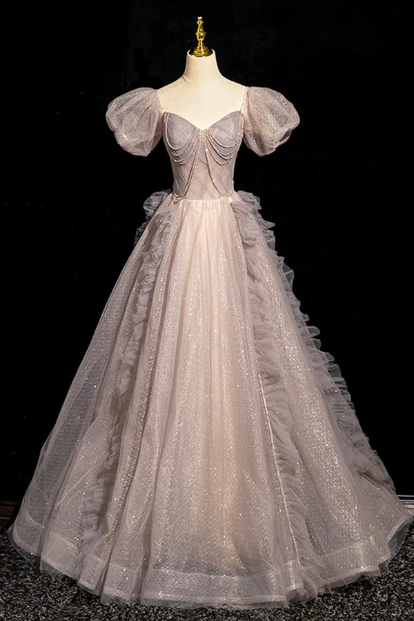 Beautiful Tulle Beaded Long Prom Dress Khaki A-Line Short Sleeve Evening Party Dress