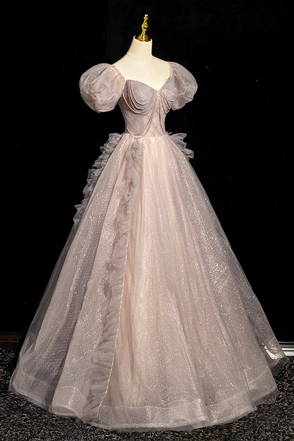 Beautiful Tulle Beaded Long Prom Dress Khaki A-Line Short Sleeve Evening Party Dress