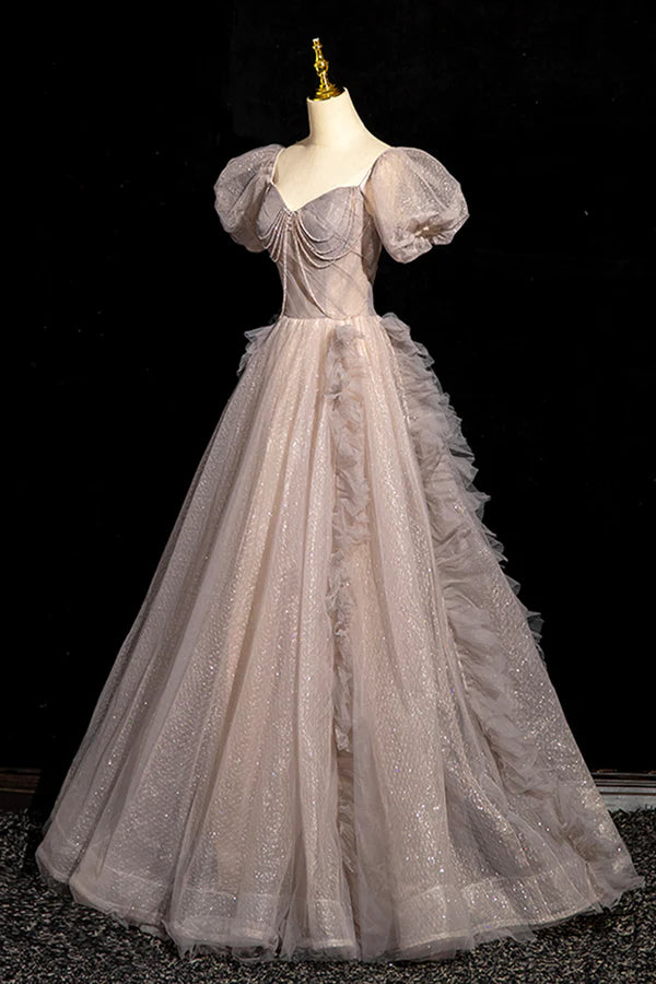 Beautiful Tulle Beaded Long Prom Dress Khaki A-Line Short Sleeve Evening Party Dress