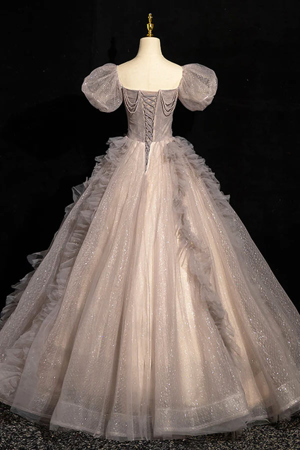 Beautiful Tulle Beaded Long Prom Dress Khaki A-Line Short Sleeve Evening Party Dress