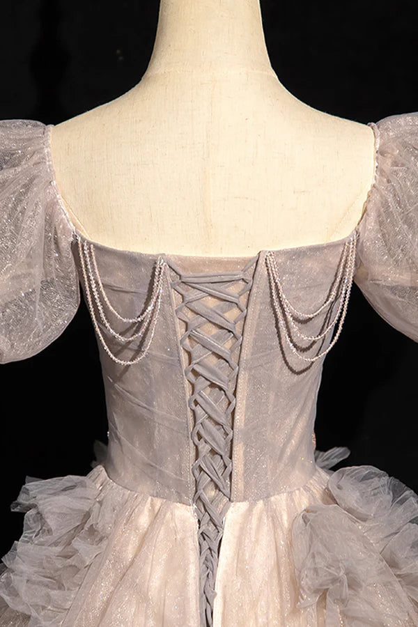 Beautiful Tulle Beaded Long Prom Dress Khaki A-Line Short Sleeve Evening Party Dress