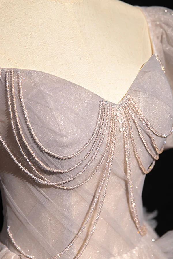 Beautiful Tulle Beaded Long Prom Dress Khaki A-Line Short Sleeve Evening Party Dress