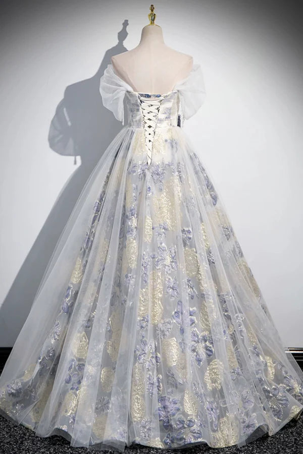 Elegant Tulle Floor Length Prom Dress Off the Shoulder Evening Party Dress