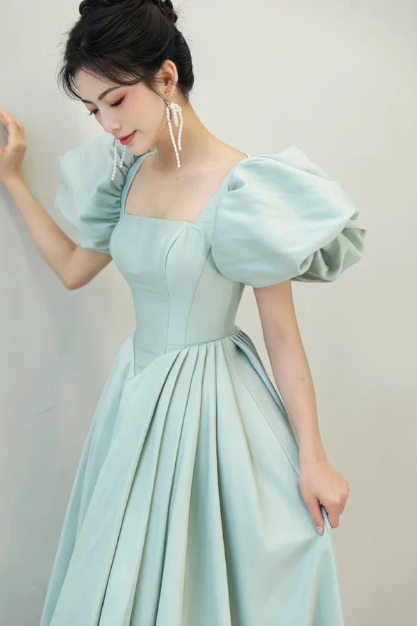 Light Green Satin Long A-Line Prom Dress Cute Short Sleeve Evening Dress