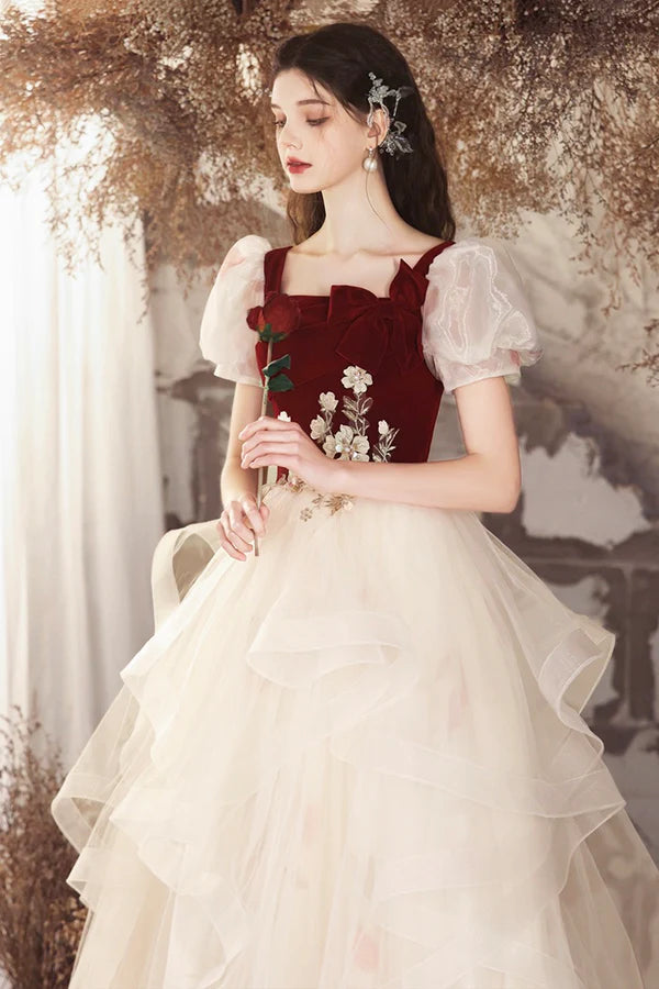 Champagne Tulle and Burgundy Velvet Long Prom Dress Lovely A-Line Evening Party Dress