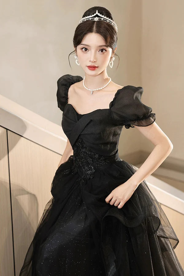 Black Tulle Lace Short Sleeve Floor Length Prom Dress Black A-Line Evening Party Dress