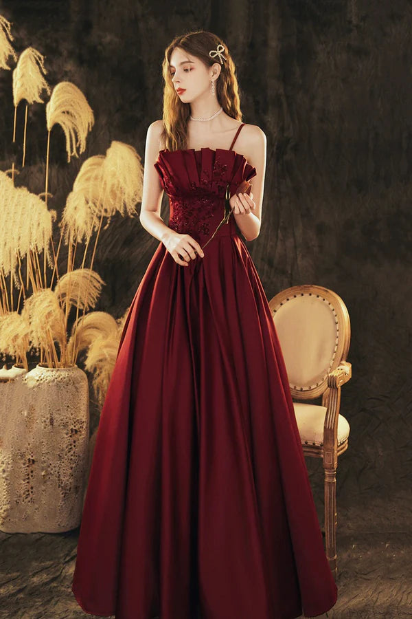 Burgundy Spaghetti Strap Satin Long Prom Dress Beautiful A-Line Evening Party Dress