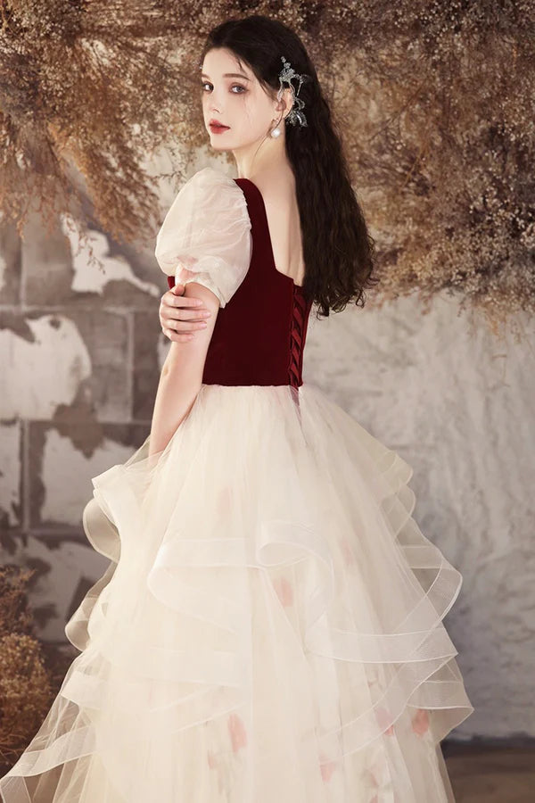 Champagne Tulle and Burgundy Velvet Long Prom Dress Lovely A-Line Evening Party Dress