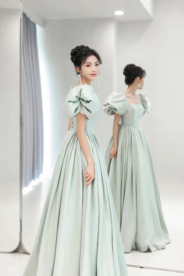 Light Green Satin Long A-Line Prom Dress Cute Short Sleeve Evening Dress