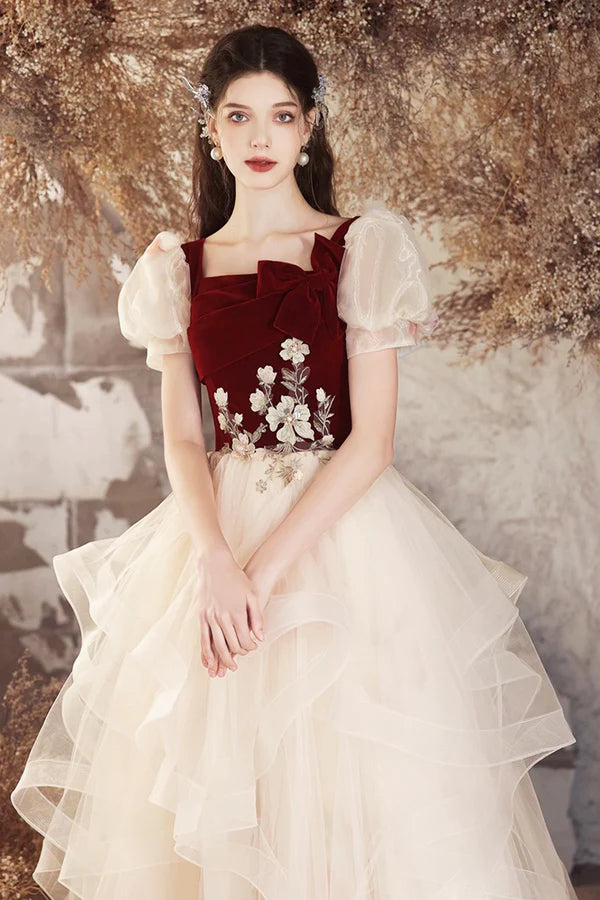 Champagne Tulle and Burgundy Velvet Long Prom Dress Lovely A-Line Evening Party Dress