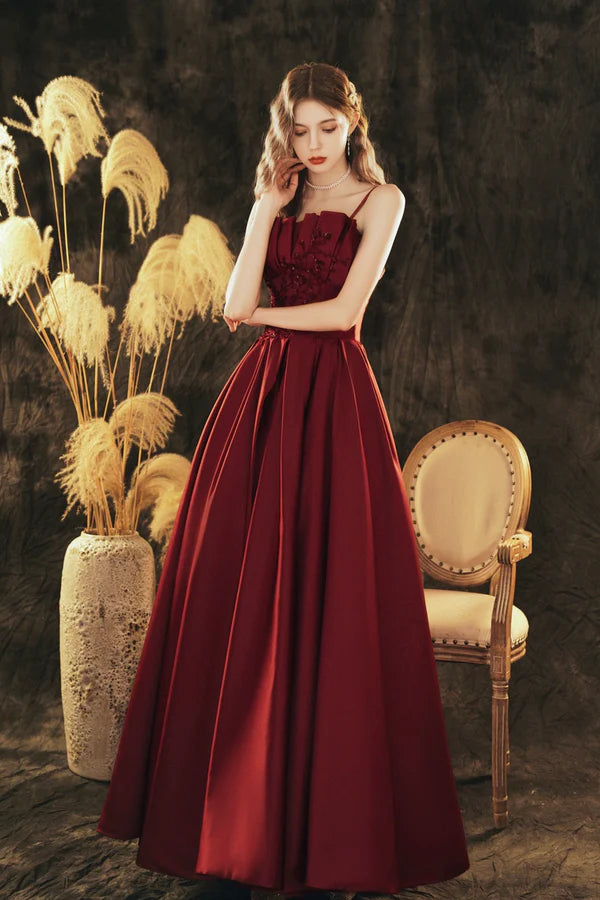 Burgundy Spaghetti Strap Satin Long Prom Dress Beautiful A-Line Evening Party Dress