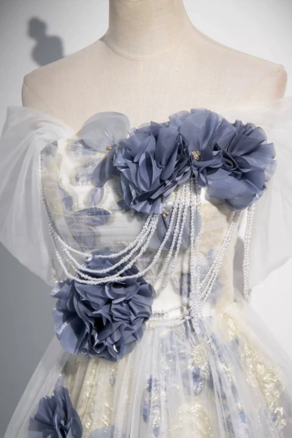 Elegant Tulle Floor Length Prom Dress Off the Shoulder Evening Party Dress