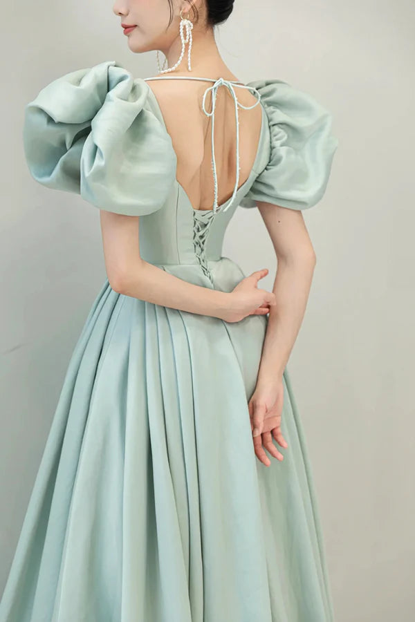 Light Green Satin Long A-Line Prom Dress Cute Short Sleeve Evening Dress