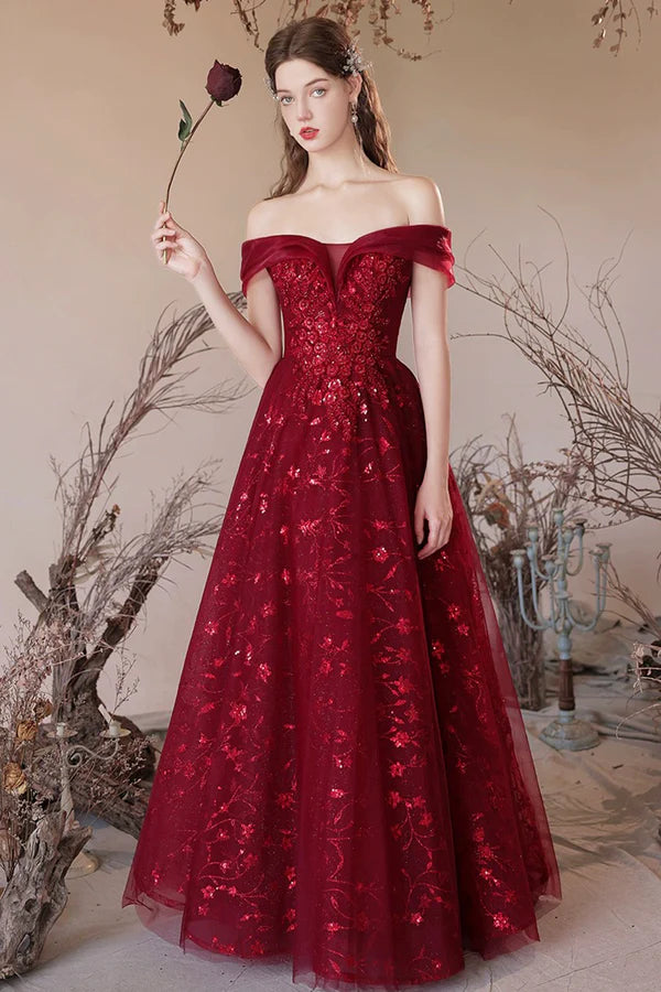 Burgundy Tulle Sequins Long A-Line Prom Dress Off the Shoulder Evening Party Dress