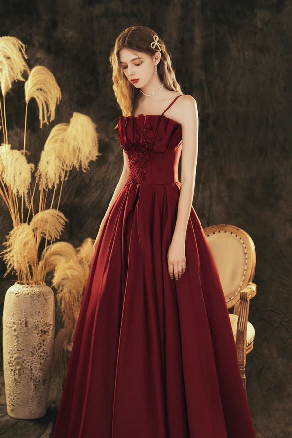 Burgundy Spaghetti Strap Satin Long Prom Dress Beautiful A-Line Evening Party Dress