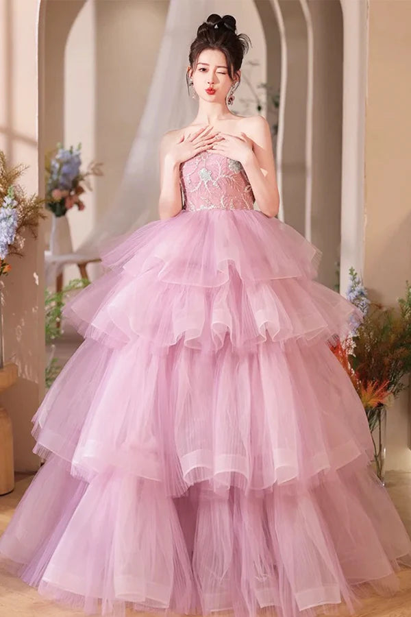 Pink Tulle Layers Long A-Line Prom Dress Pink Sweetheart Neckline Evening Gown