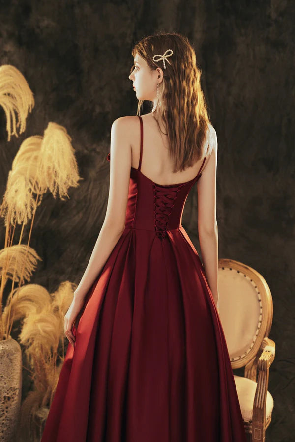 Burgundy Spaghetti Strap Satin Long Prom Dress Beautiful A-Line Evening Party Dress