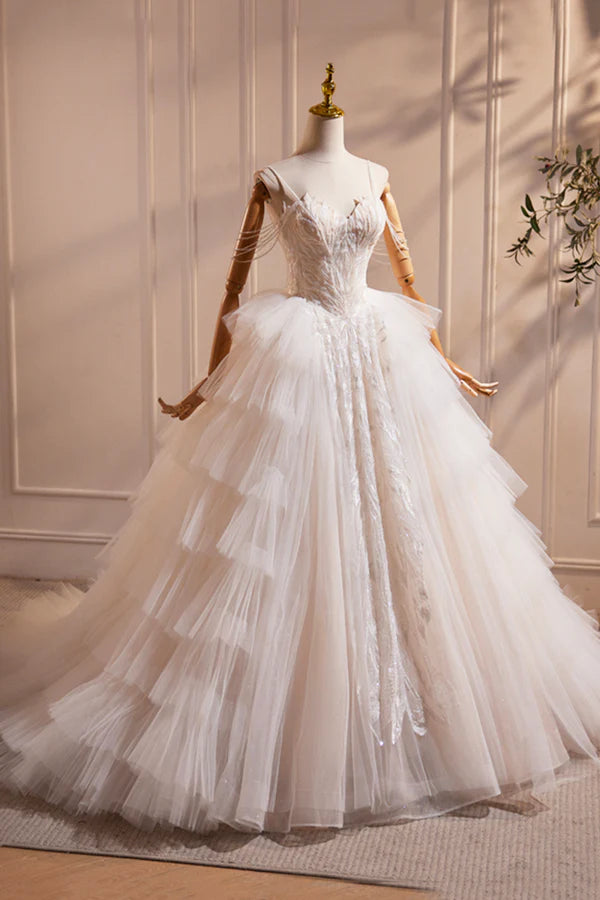 Champagne Sweetheart Layers Princess Dress Beautiful Spaghetti Straps Tulle Formal Gown