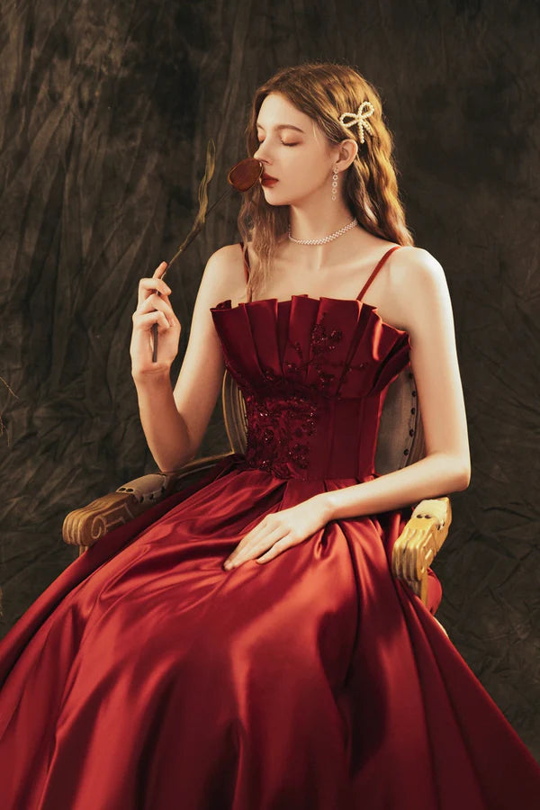 Burgundy Spaghetti Strap Satin Long Prom Dress Beautiful A-Line Evening Party Dress