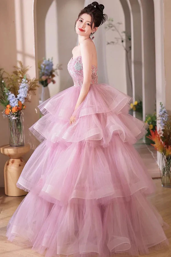 Pink Tulle Layers Long A-Line Prom Dress Pink Sweetheart Neckline Evening Gown
