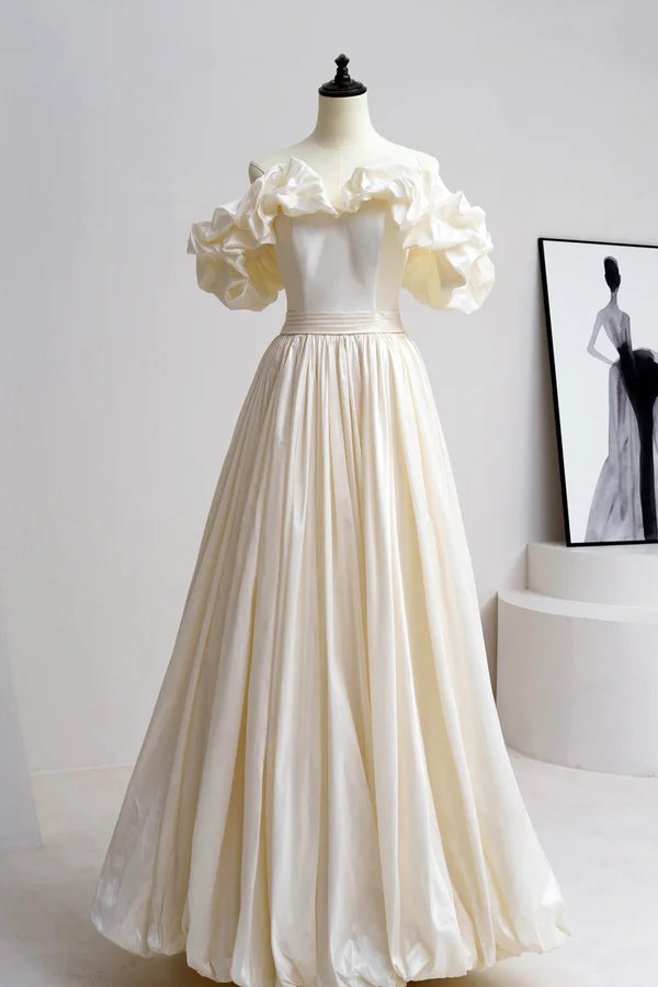 Champagne Satin Floor Length Prom Dress Off the Shoulder A-Line Evening Party Dress