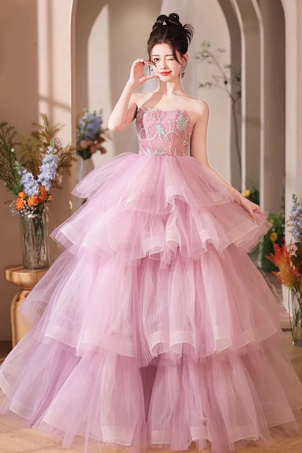 Pink Tulle Layers Long A-Line Prom Dress Pink Sweetheart Neckline Evening Gown