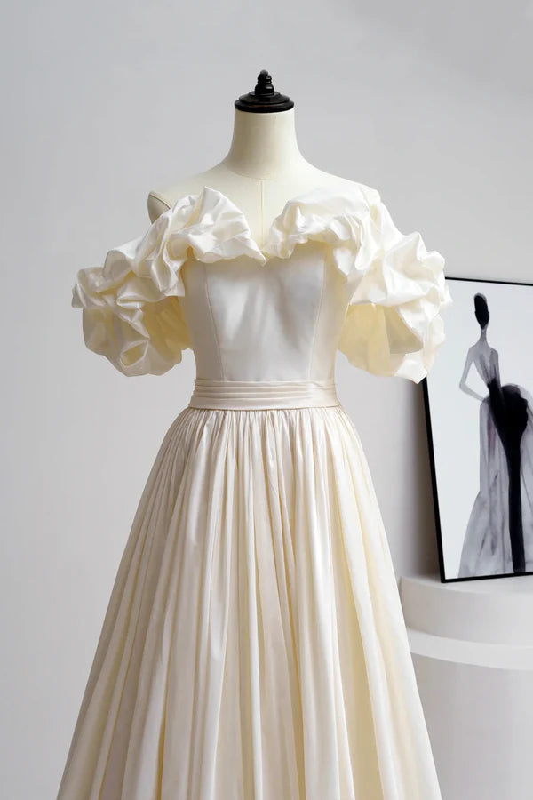 Champagne Satin Floor Length Prom Dress Off the Shoulder A-Line Evening Party Dress