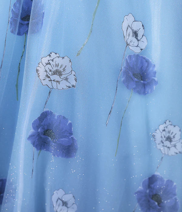 Beautiful Floral Tulle Long Prom Dress Blue Short Sleeve Evening Dress