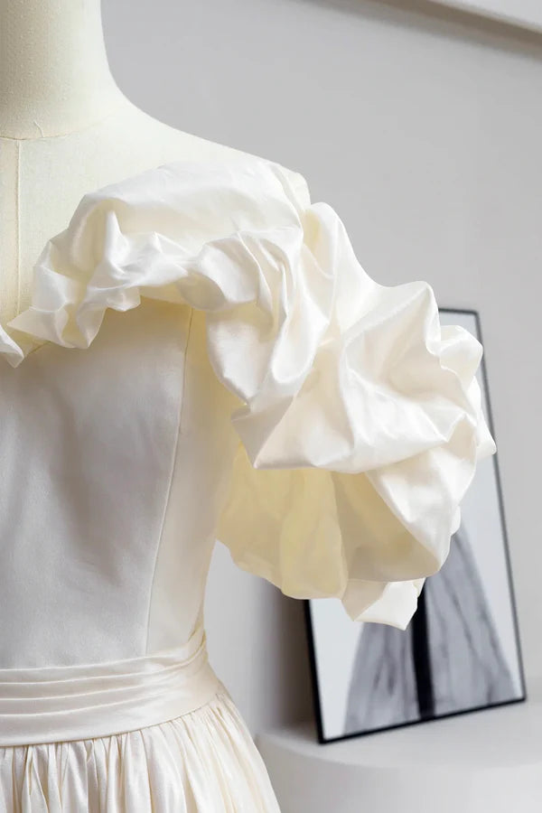 Champagne Satin Floor Length Prom Dress Off the Shoulder A-Line Evening Party Dress