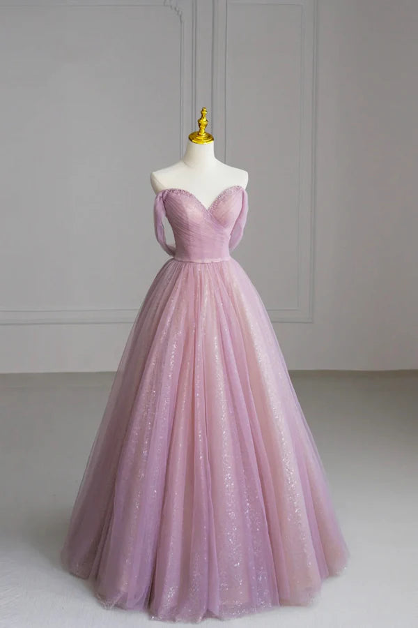 Pink Off the Shoulder Tulle Sequins Evening Prom Dress Beautiful A-Line Party Dress