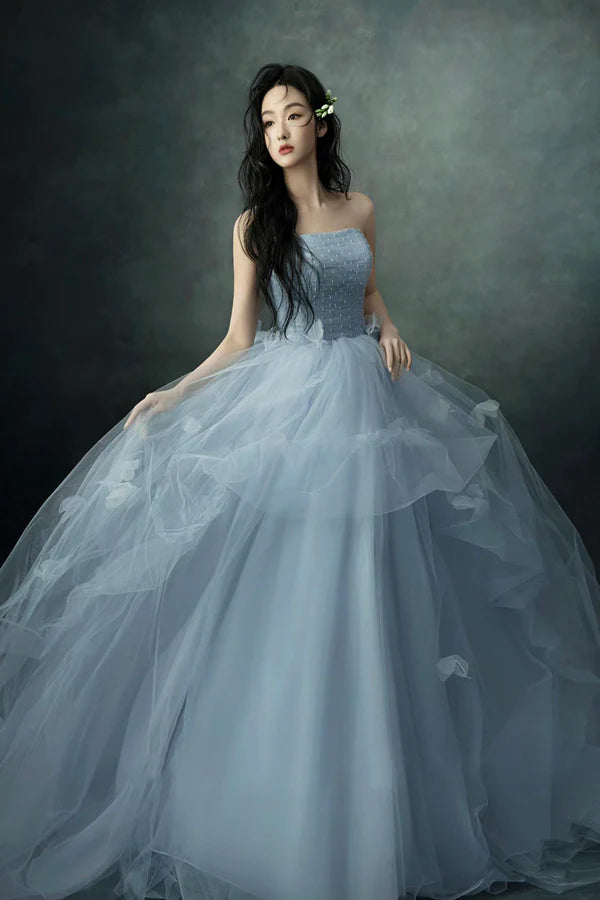Gray Blue Strapless Tulle Long Prom Dress Beautiful A-Line Evening Party Dress