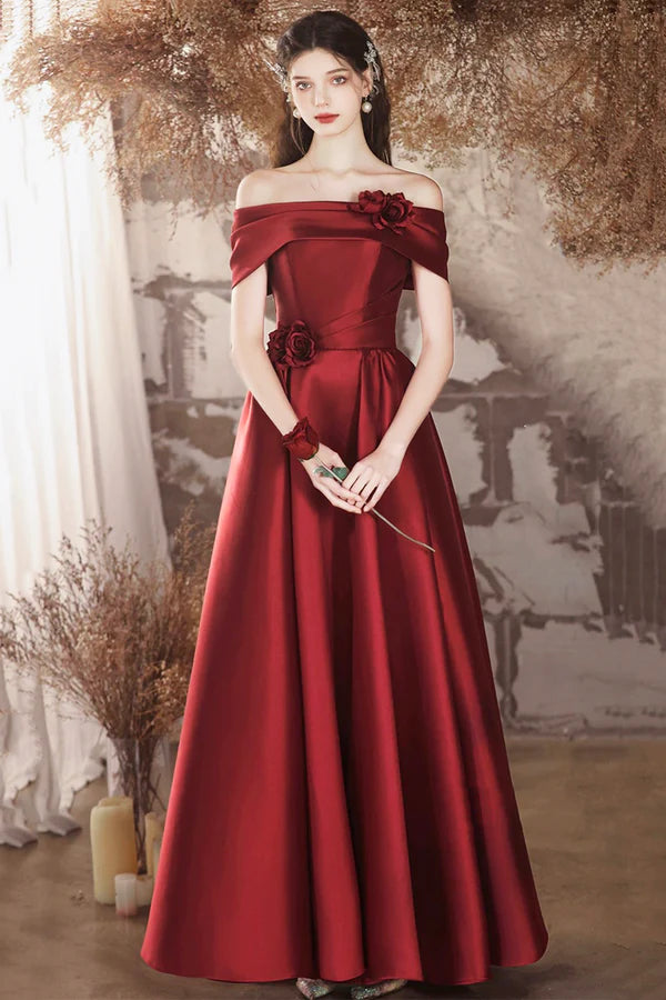 Burgundy Satin Long A-Line Prom Dress Off the Shoulder Evening Party Dress