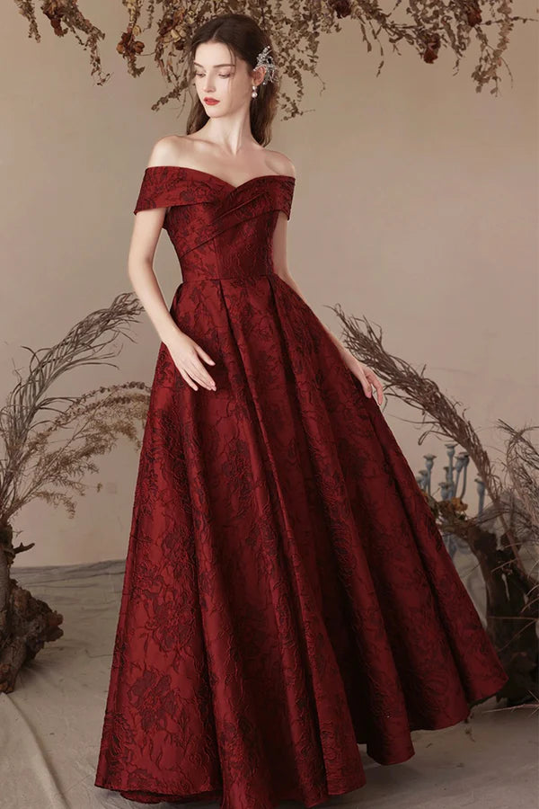 Burgundy Satin Long Prom Dress Beautiful A-Line Off the Shoulder Evening Party Dress