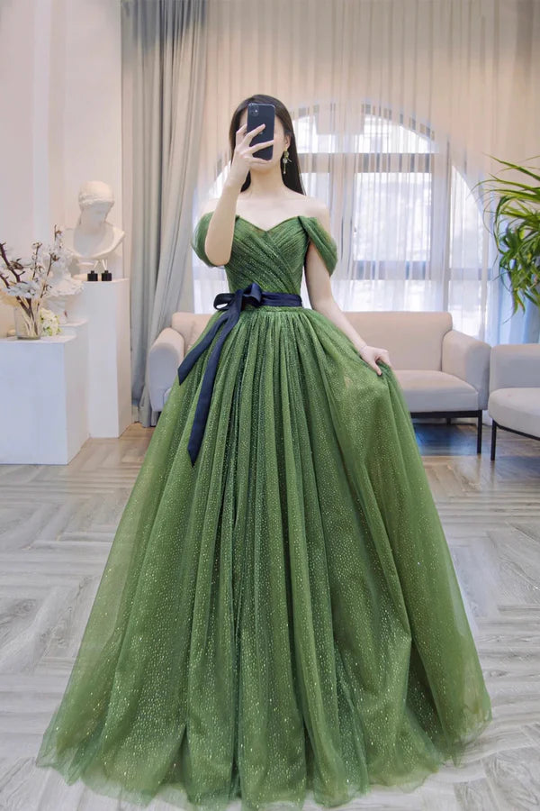 Shiny Tulle Off Shoulder Long Prom Dress Green Evening Party Dress