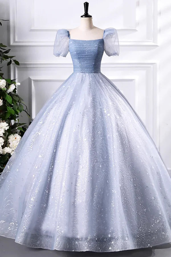 Blue Tulle Sequins Floor Length Prom Dress Elegant Short Sleeve Evening Party Dress
