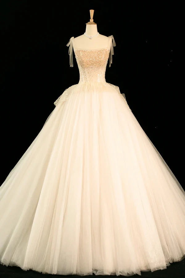 Champagne Tulle Beaded Long Prom Dress A-Line Evening Party Dress