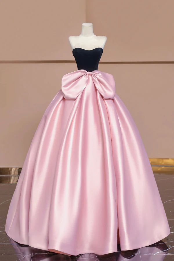 Black Velvet and Pink Satin Long Prom Dress with Bow Beautiful A-Line Strapless Formal Party Dress