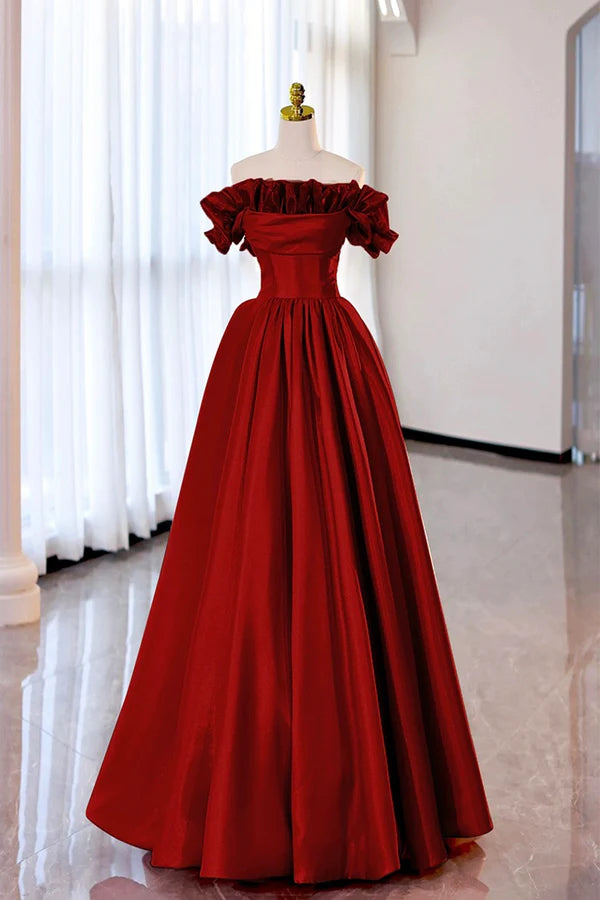 Burgundy Strapless Satin Long Prom Dress A-Line Evening Party Dress