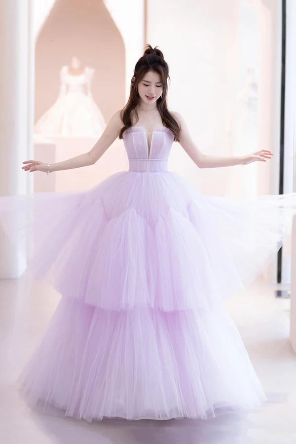 Purple Tulle Long A-Line Formal Dress A-Line Strapless Evening Party Dress