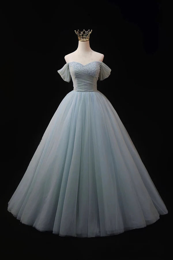 Dusty Blue Tulle Beaded Floor Length Formal Dress Off the Shoulder A-Line Evening Party Dress