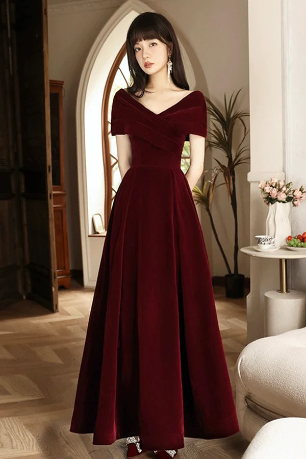 Burgundy V-Neck Velvet Floor Length Prom Dress Off the Shoulder Evening Party Dress