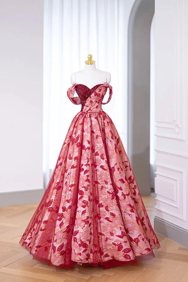 Burgundy Sequins Printing Floor Length Prom Dress Off the Shoulder Evening Party Dress